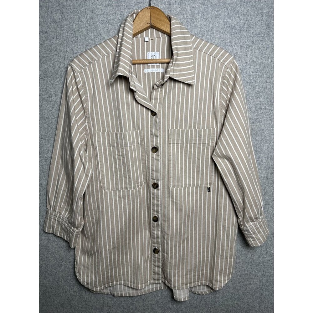 Bogner Top‎ Womens 8 Tan White Striped 3/4 Sleeve Cotton Blend Button Collared
